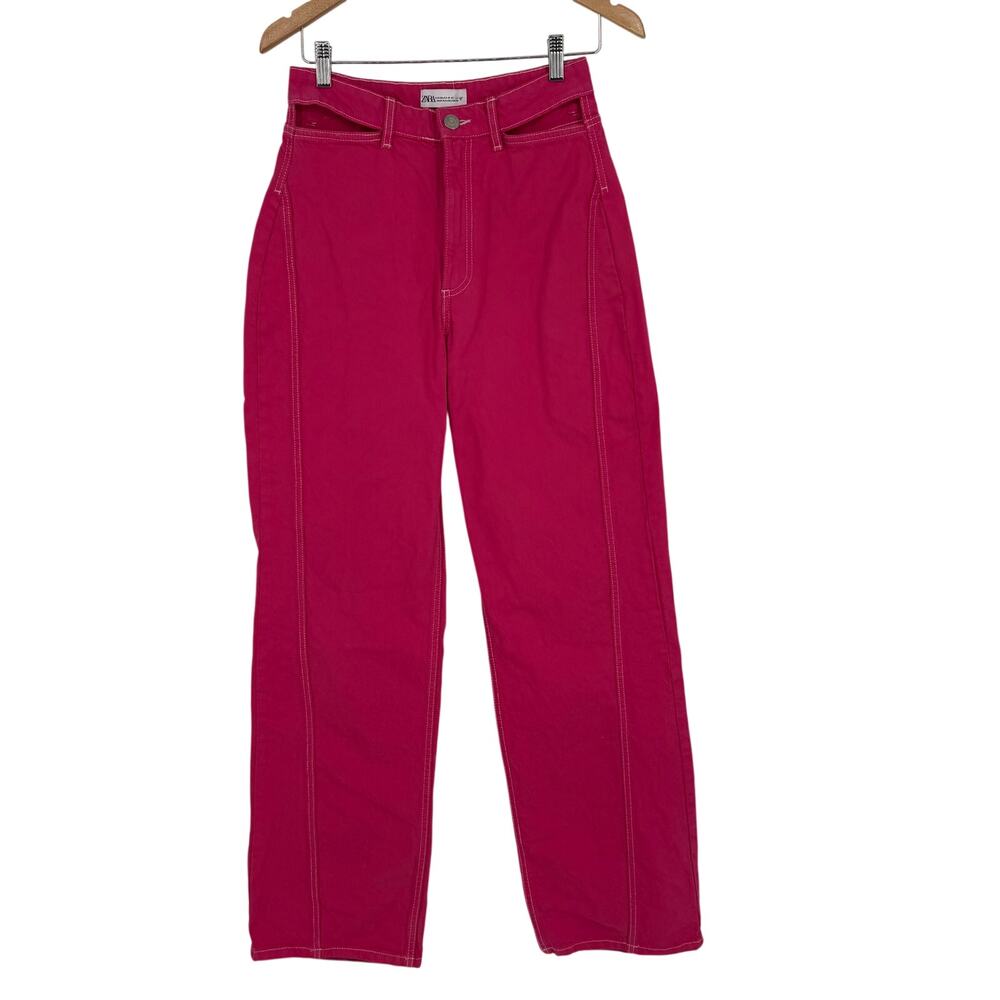 Hot pink Cut Out Zara Jeans. Size 6 and high waisted Straight Wide Leg Barbie